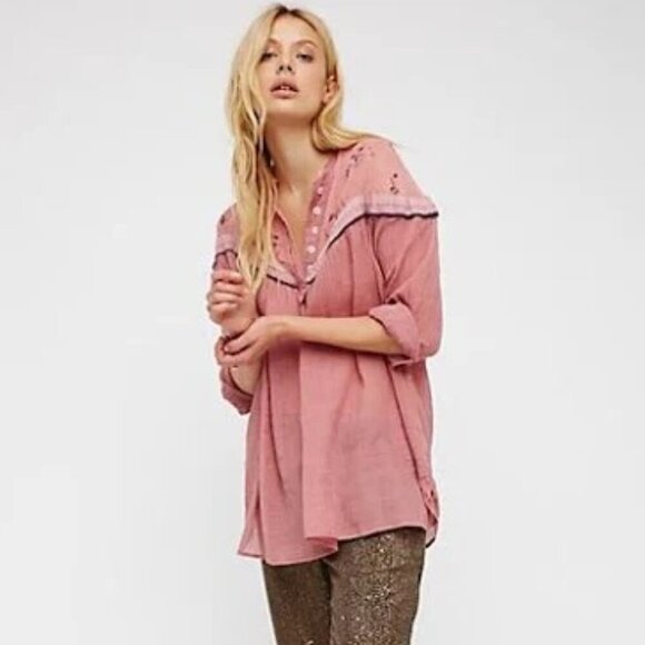 FREE PEOPLE Hearts and Colors Tunic Top Sz M Floral Sheer Long Sleeve Oversized - Picture 2 of 13